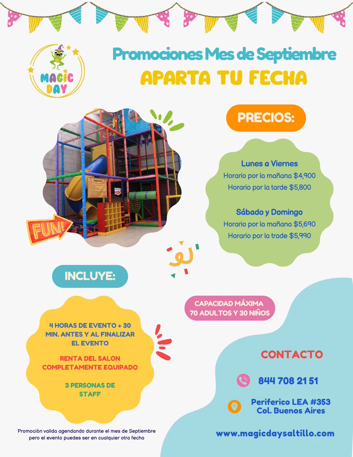 Promoción de septiembre — precios por horario y fechas disponibles en Magic Day Saltillo